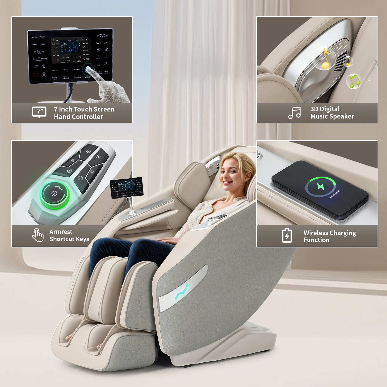 HealthRelife 3D Massage Chair Full Body Recliner - Zero Gravity with Heat, 12 Auto-Massage Modes, Shiatsu Foot Massage, with 55“ SL-Track,28 Airbags Massage, Foot Rollers, (Beige)